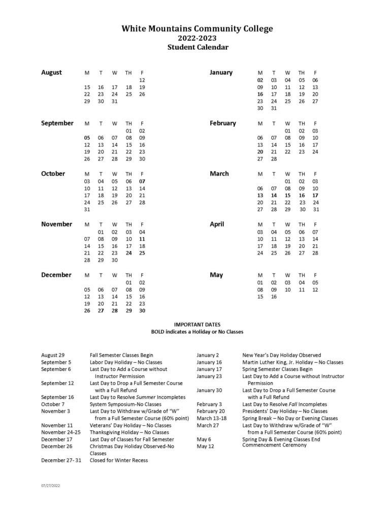 Academic Calendars White Mountains Community College