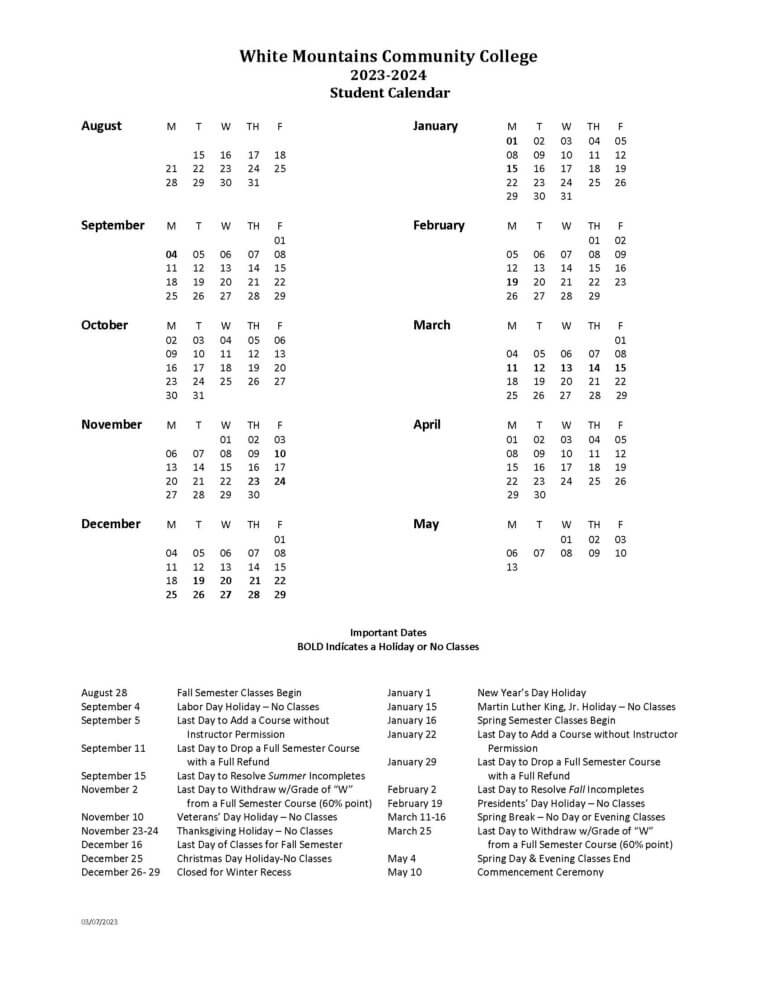 Academic Calendars - White Mountains Community College